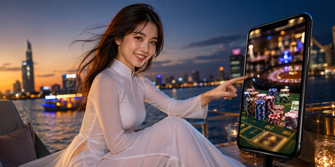 Người dùng Sài Gòn chơi casino trên điện thoại trong trang phục áo dài